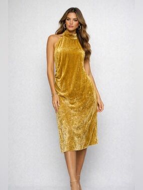 Free People Gold Velvet Halter Dress Open Back Draped Midi Y2K 90s Statement 4